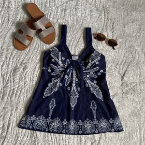 Brand New!✨Navy Blue Paisley Tie-Front Tankini Top